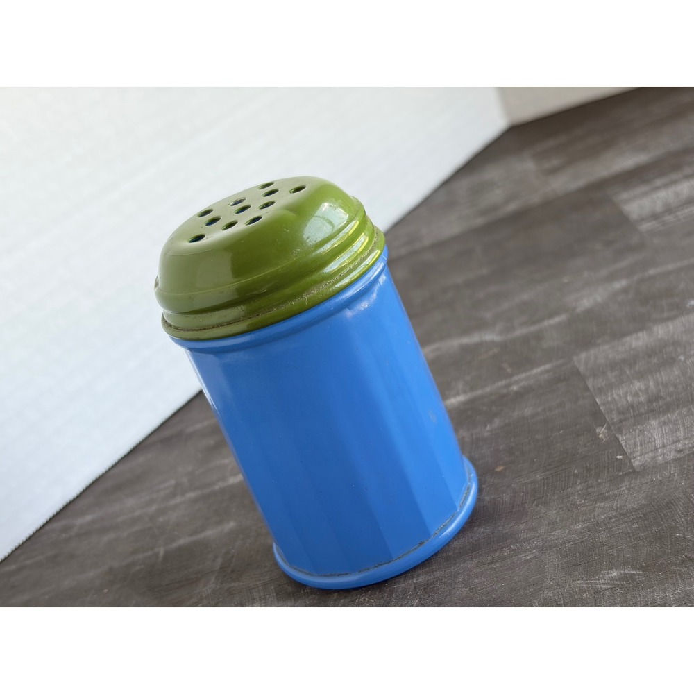 Vintage Gemco Blue Glass Spice Shaker Olive Green Metal Lid Made in USA Retro